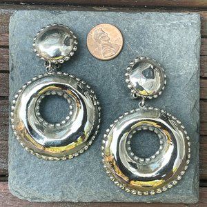 Vintage Handmade Sterling Silver Puffy Southwestern Dangle Hoop Earrings